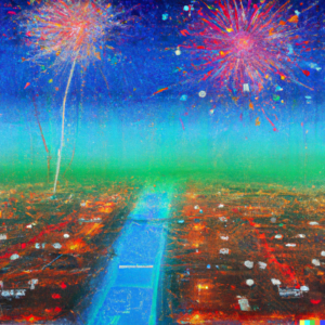 DALL-E image: "An abstract painting of new year's fireworks in the sky, over an sea made of electronic circuit boards"